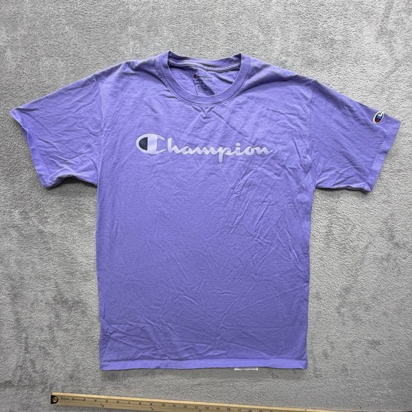 Champion Shirt Mens Medium Purple Script Logo Authentic Athleticwear Tee Cotton - Picture 1 of 6